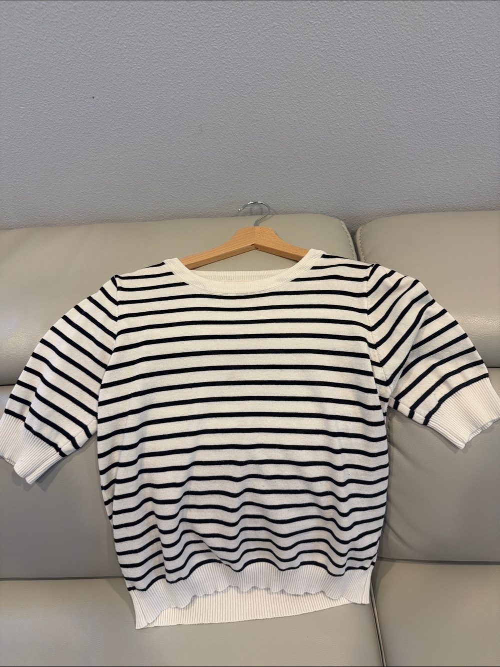 White & Black Striped Short Sleeve Knit Top